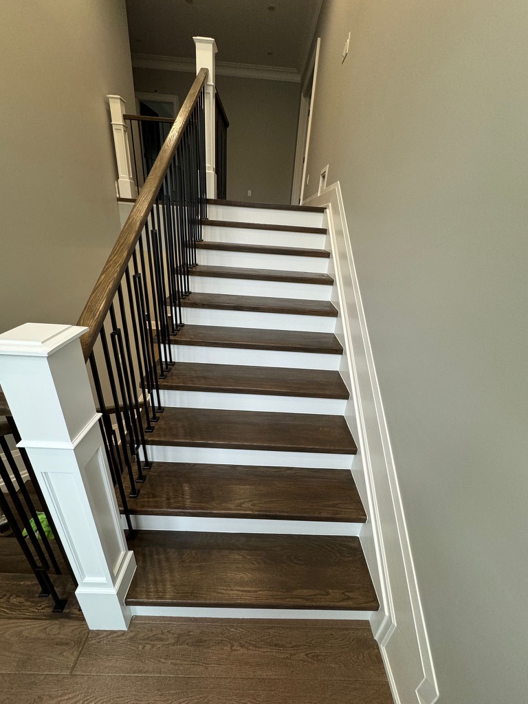 Finished residential interior with dark wood stairs, white risers and black railing